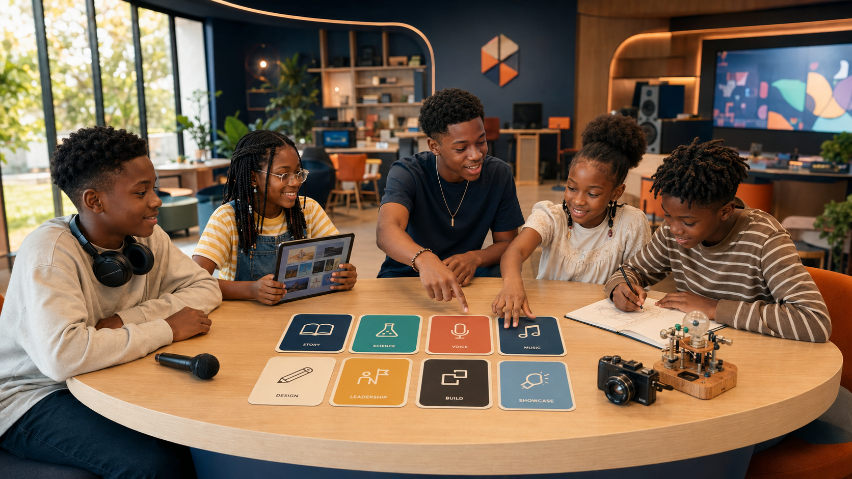 Children choosing creative learning pathways around a table