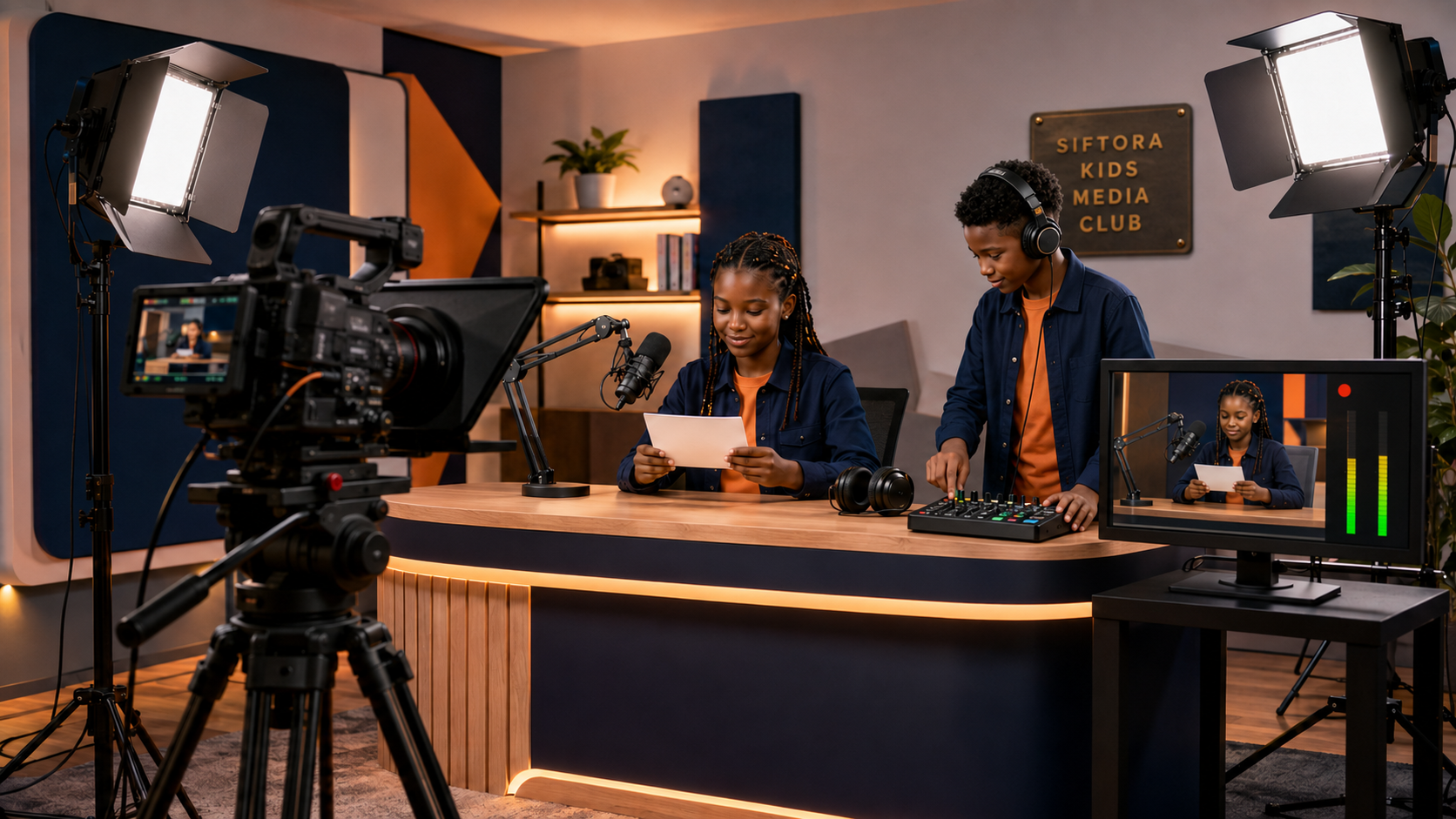Young creators working with cameras, microphones, and lights