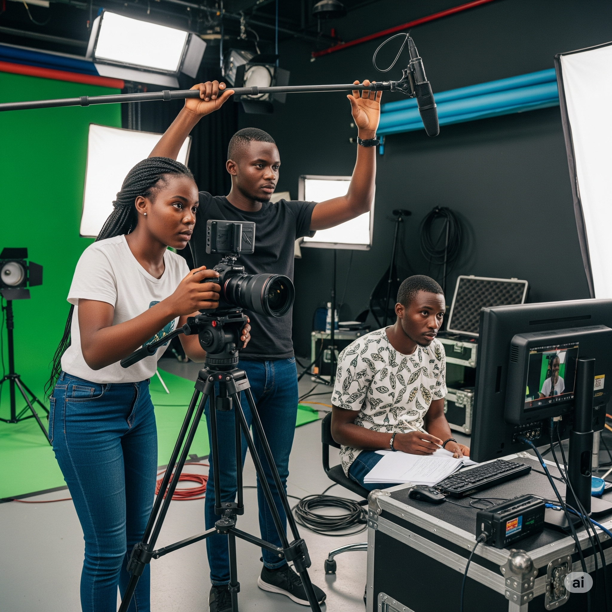 Students filming in a media studio